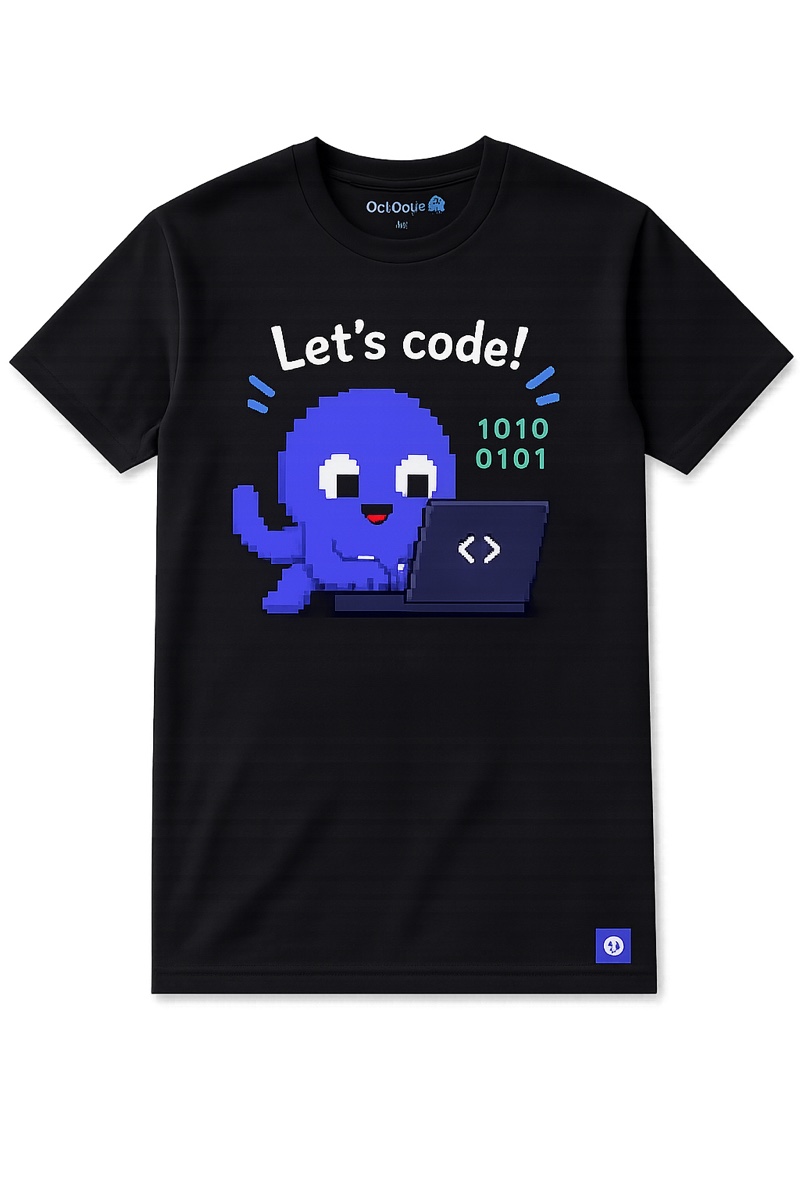Black OctOpus tee reading Let's Code with a pixel octopus at a laptop