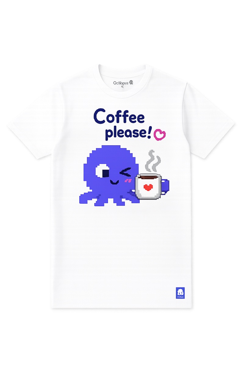 White OctOpus tee reading Coffee Please with a pixel octopus holding a coffee mug