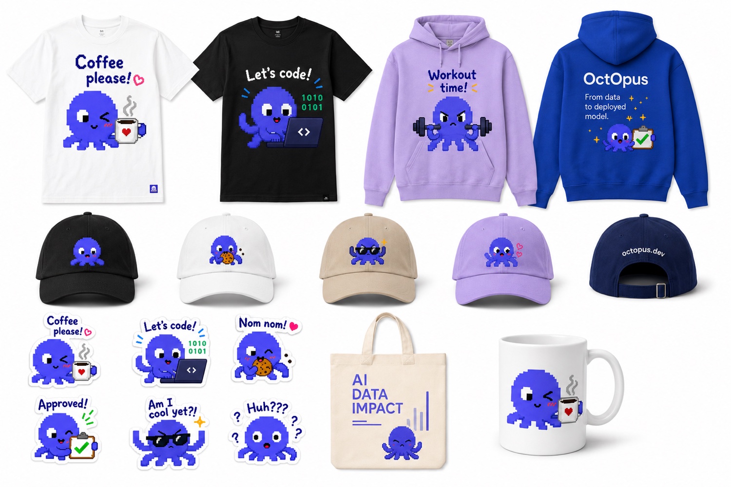 The full OctOpus merch collection — tees, hoodies, caps, tote bag, mug and stickers