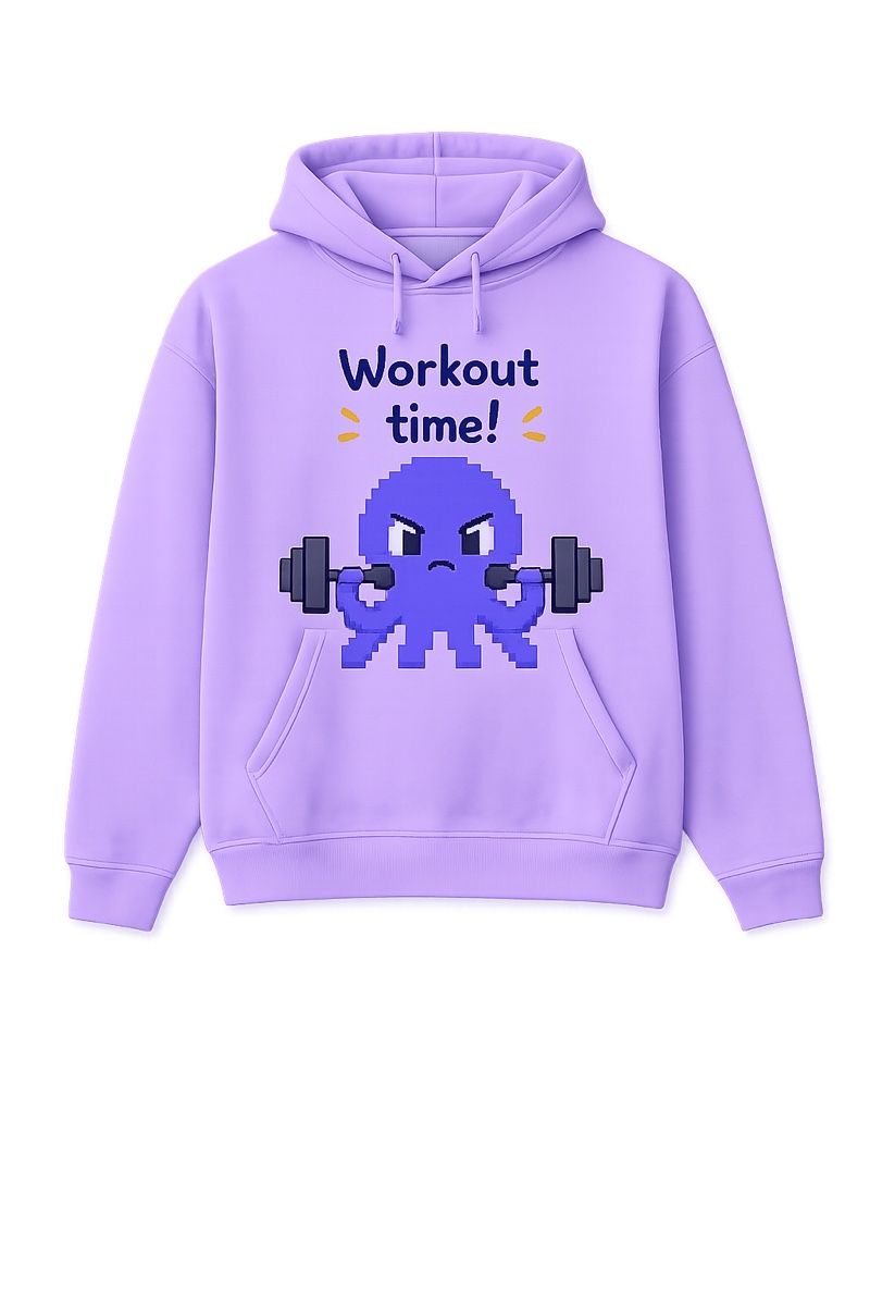 Lavender OctOpus hoodie reading Workout Time with a pixel octopus lifting a dumbbell